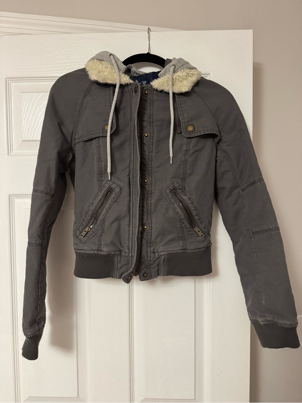 American Eagle Outfitters Gray Sherpa-Trim Bomber Jacket